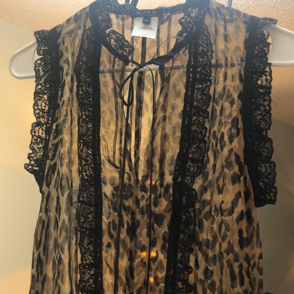100% SILK Leopard print blouse Medium scrunch bottom lace trim by Allen … - Picture 2 of 6